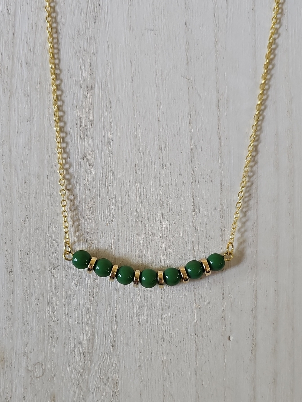 Gold Chain Necklace with Forest Green Glass Beads